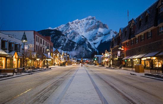 Evening view of main street of mountain town (Banff), Canadian Rockies.